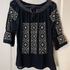 Savana Bohemian Embroidered Black Tunic Top 100% Cotton Size M